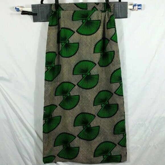 Excellent Women's Green Japanese Fans Print Jeweled Button Midi Skirt Size S - Picture 1 of 9